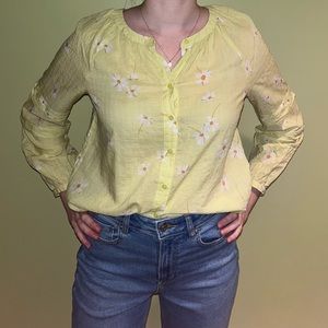 a.n.a long sleeve yellow-green flower pattern blouse